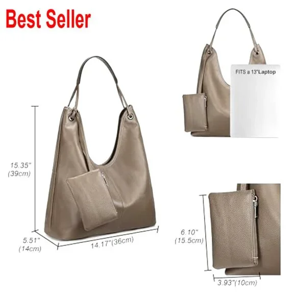 Genuine Cowhide Leather Hobo Handbag with Coin Pouch